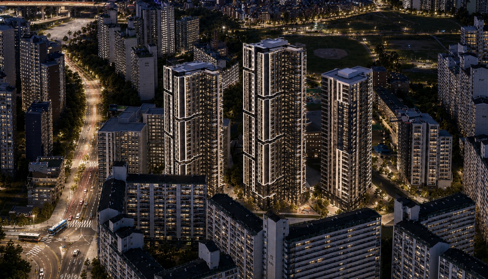 미래 주거단지 야간 항공 조망 참고 이미지